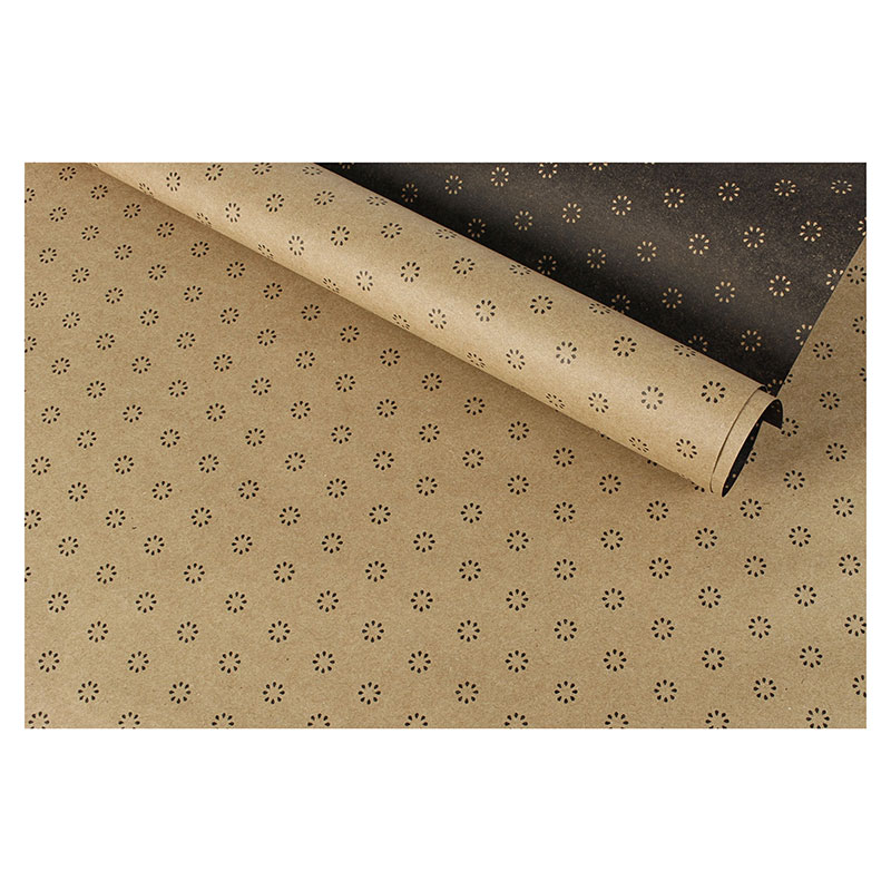 Papier cadeau réversible kraft recyclé, noir et naturel motifs petites fleurs 0,70 x 25m