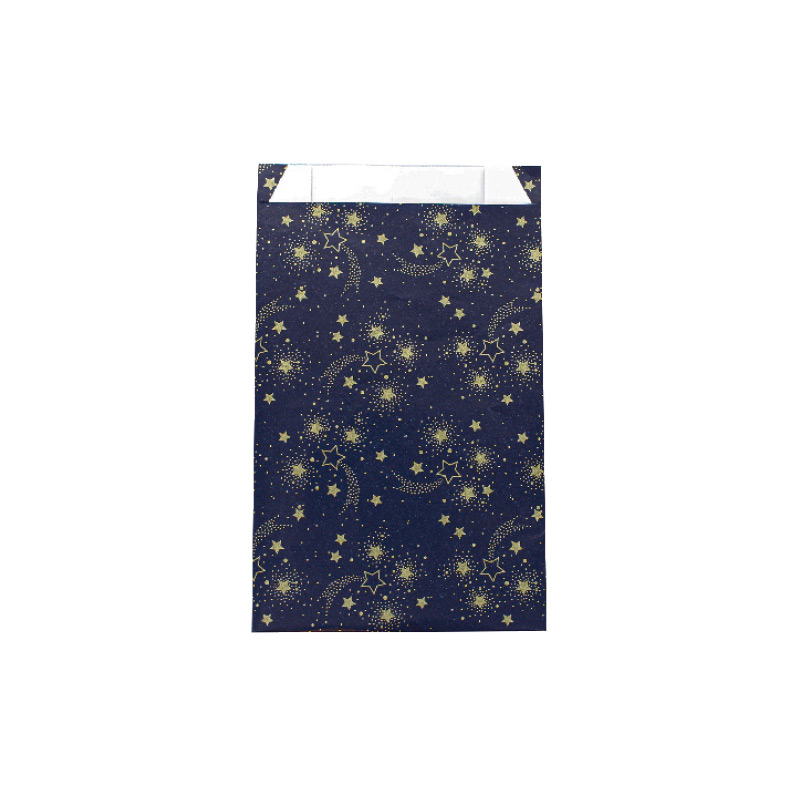 Sachets cadeau bleu marine brillant imprimé étoiles dorées mat 12 x 4,5 x 20cm, 70g (x250)