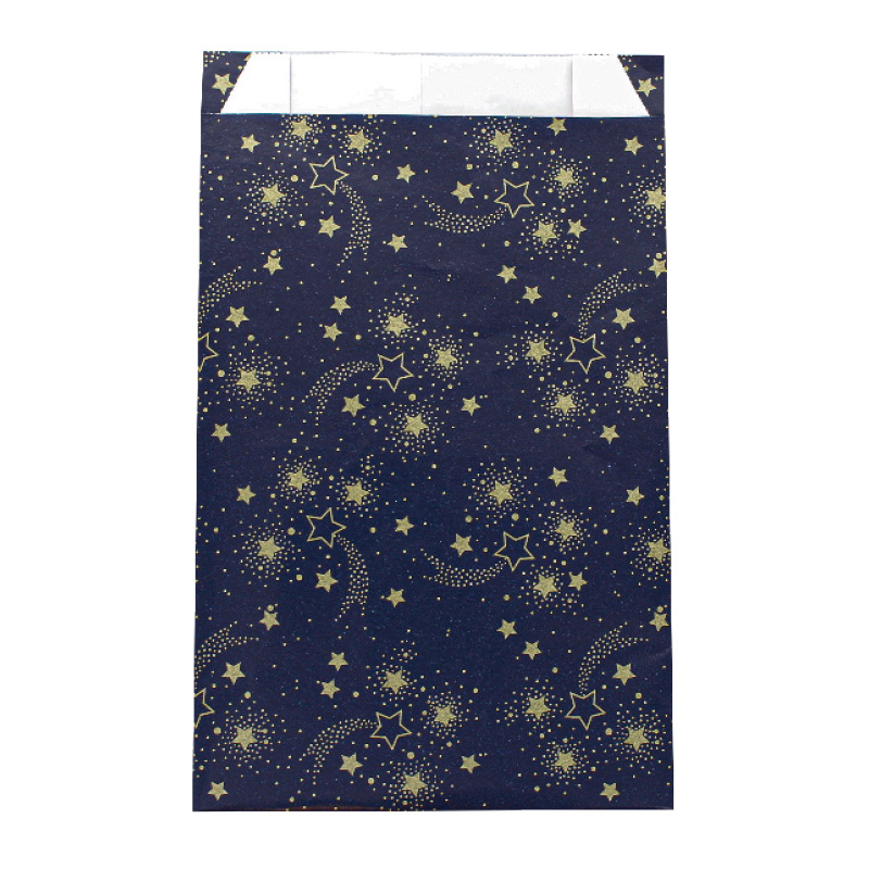 Sachets cadeau bleu marine brillant imprimé étoiles dorées mat 18 x 6 x 35cm, 70g (x50)