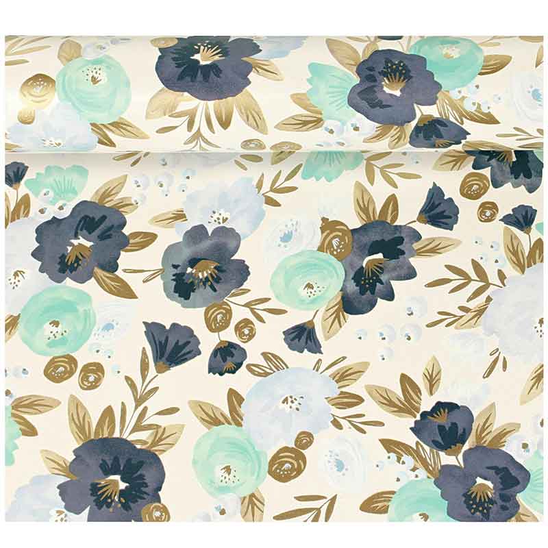 Papier cadeau blanc, motif fleurs bleues, 0,7 x 25m, 80g