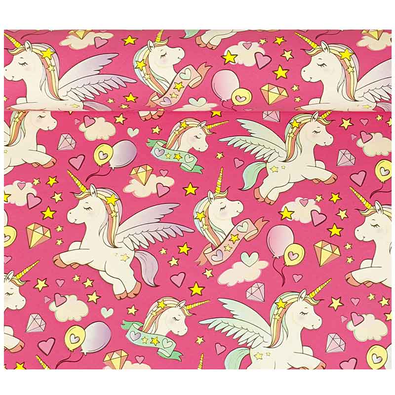 Papier cadeau fond fuchsia, motif licorne 0,70 x 25m