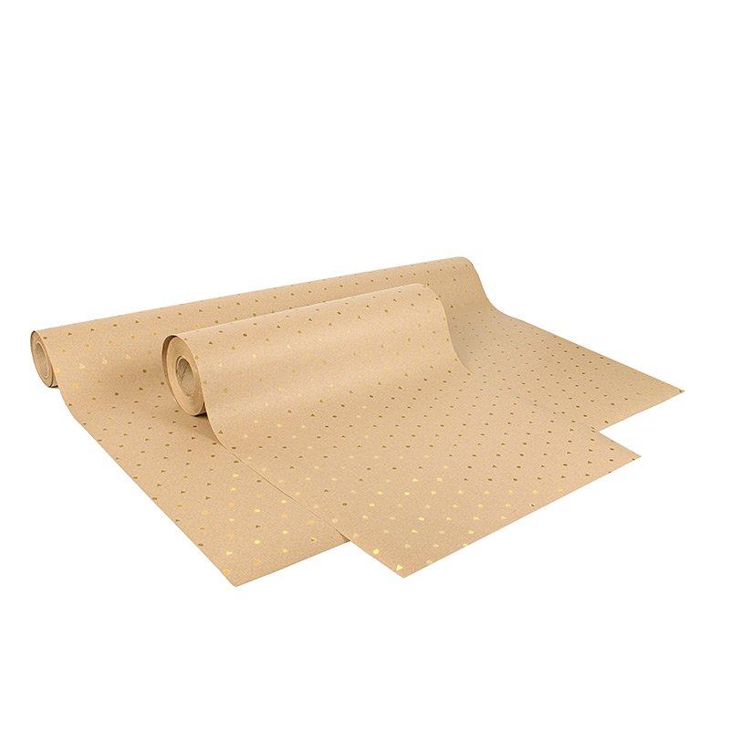 Papier cadeau kraft recyclé pois/triangles dorés métallisés 0,70 x 25m, 70g