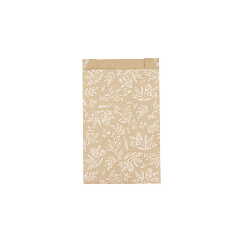 Sachets cadeau kraft recyclé imprimé fleurs blanches 7 x 12cm, 70g (x125)