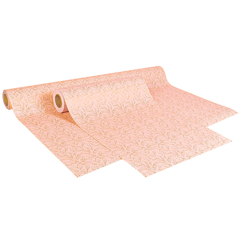 Papier cadeau rose brillant Végétal volute doré mat 0,70 x 25m, 70g