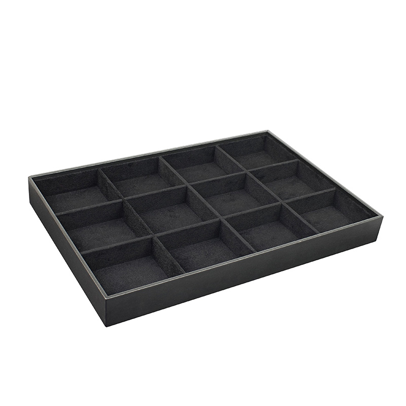 Plateau vide-poche noir gainé synthétique aspect lisse et suédine - 12 cases vide-poche