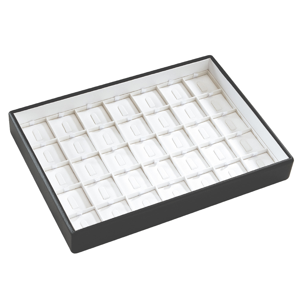 Plateau de présentation gainé aspect lisse noir mat/blanc - 35 bagues