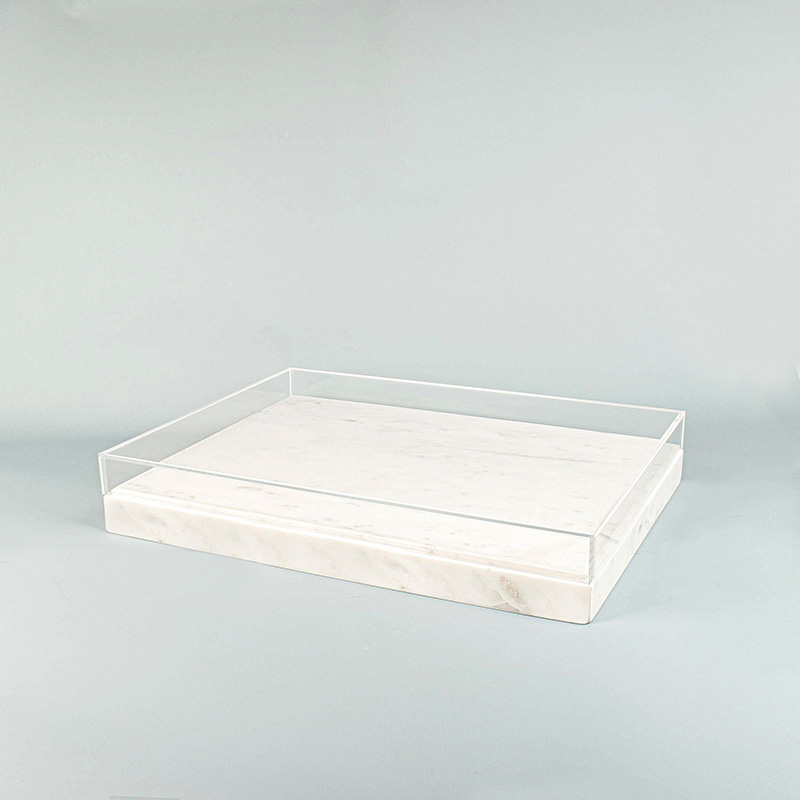 Plateau-vitrine marbre blanc et couvercle plexi - 46 x 34 x H 3,5 + 4cm