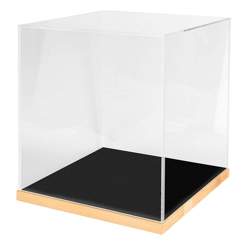 Plateau-vitrine hêtre et suédine synthétique noire, couvercle plexi - 30 x 30 x H 41,8cm