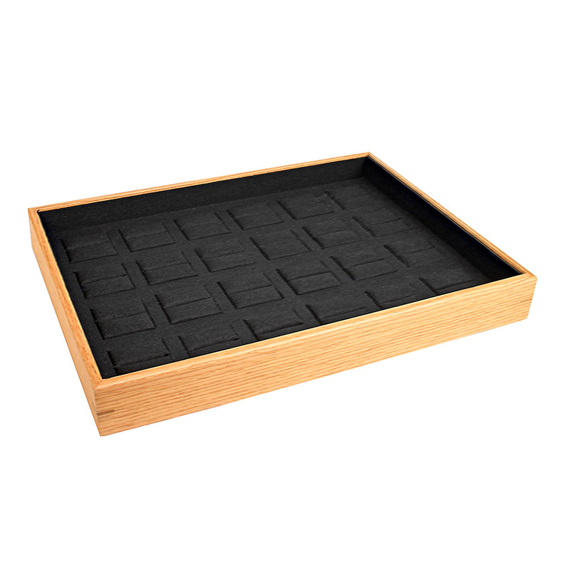Plateau de présentation bois de chêne, intérieur lin et coton noir - 24 bagues