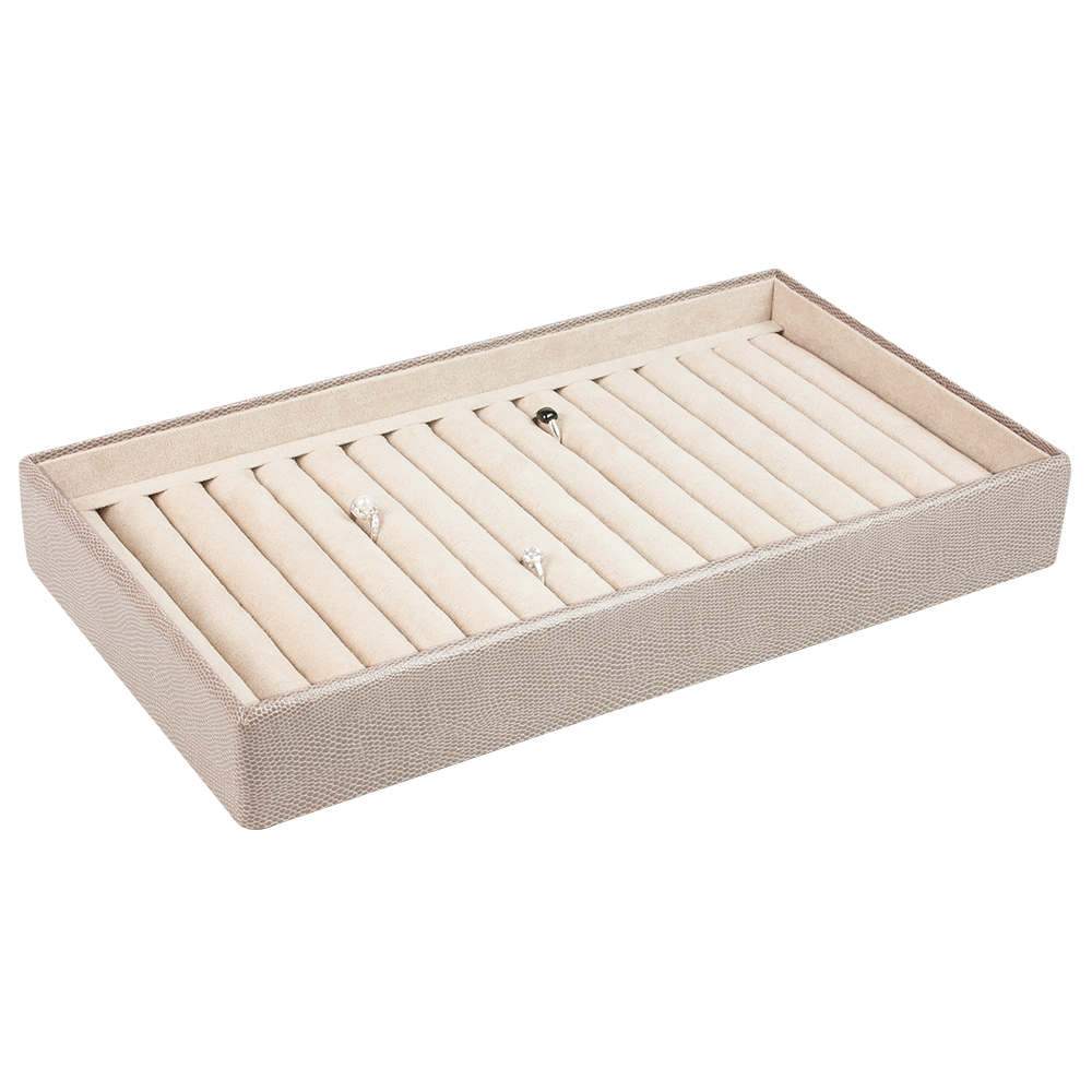 Plateau de présentation gainé aspect lézard beige - 17 rouleaux pour bagues