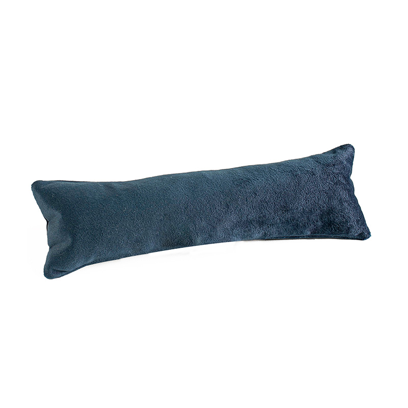 Coussin long bleu prusse gainé velours synthétique avec support 8 x 25cm