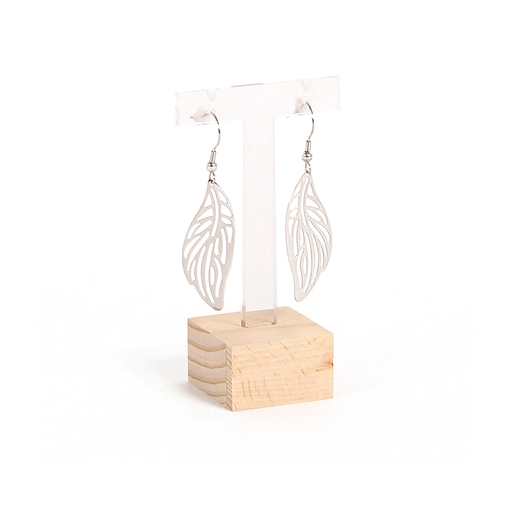 Présentoir 1 paire de boucles d'oreilles T en hêtre et plexi H 8,5cm