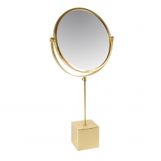 Miroir rond sur plot en métal doré, finition laiton doré brossé H 62 cm