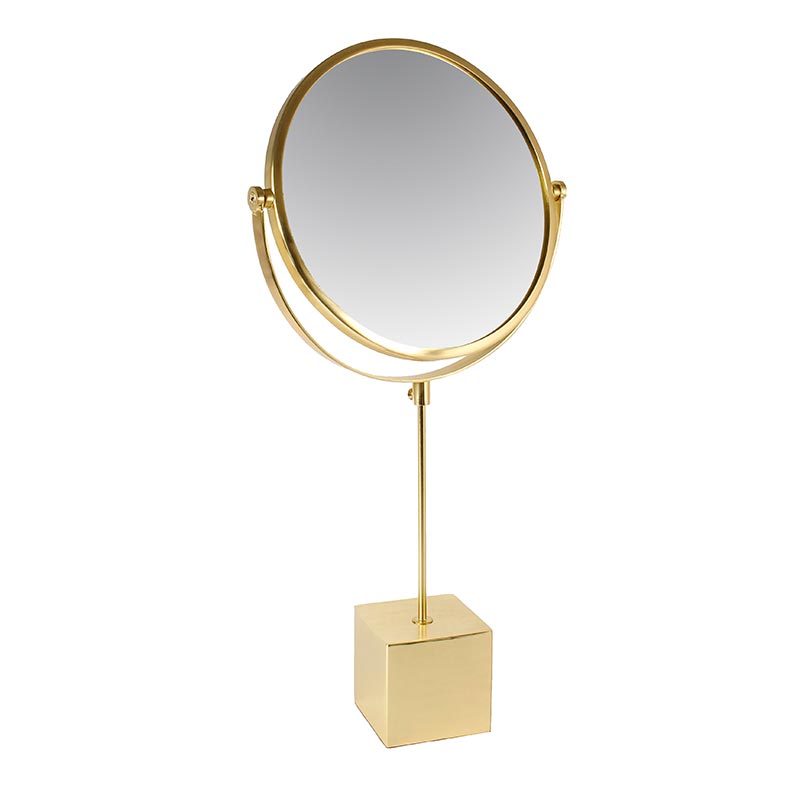Miroir rond sur plot en métal doré, finition laiton doré brossé H 62 cm