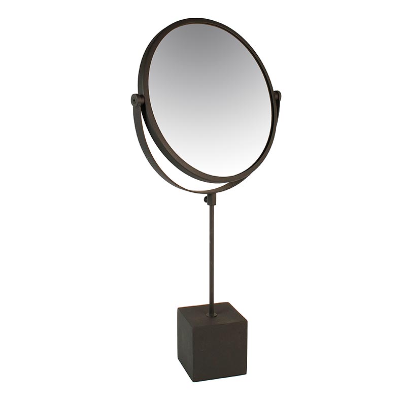 Miroir rond sur plot en métal noir aspect granité H 62 cm
