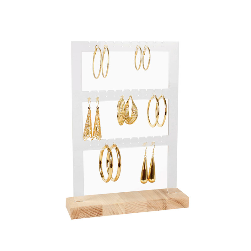 Présentoir 15 paires de boucles d'oreilles en hêtre et plexi transparent H 27cm