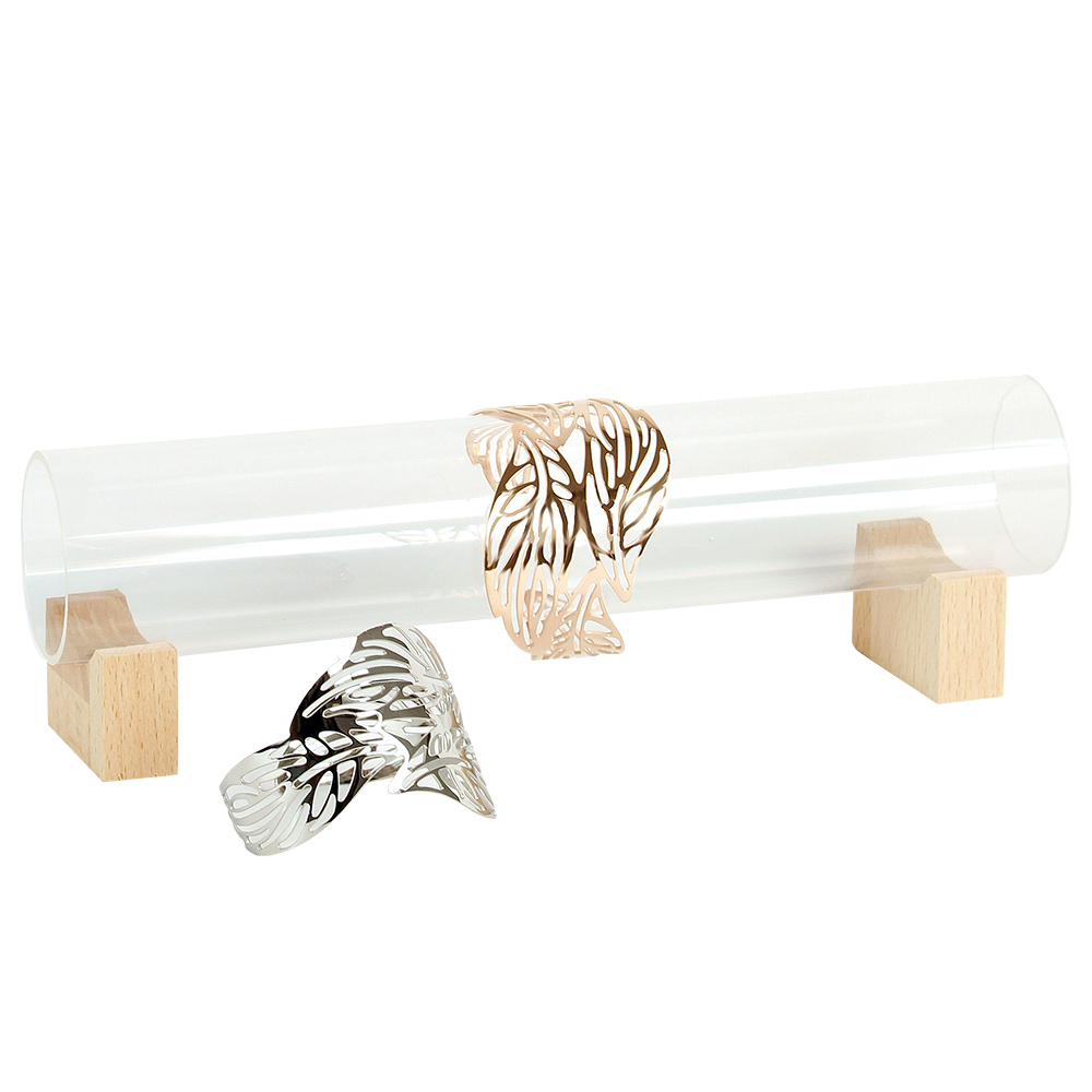 Présentoir bracelet tube plexi transparent avec pieds en bois L 25cm - diam. 5cm