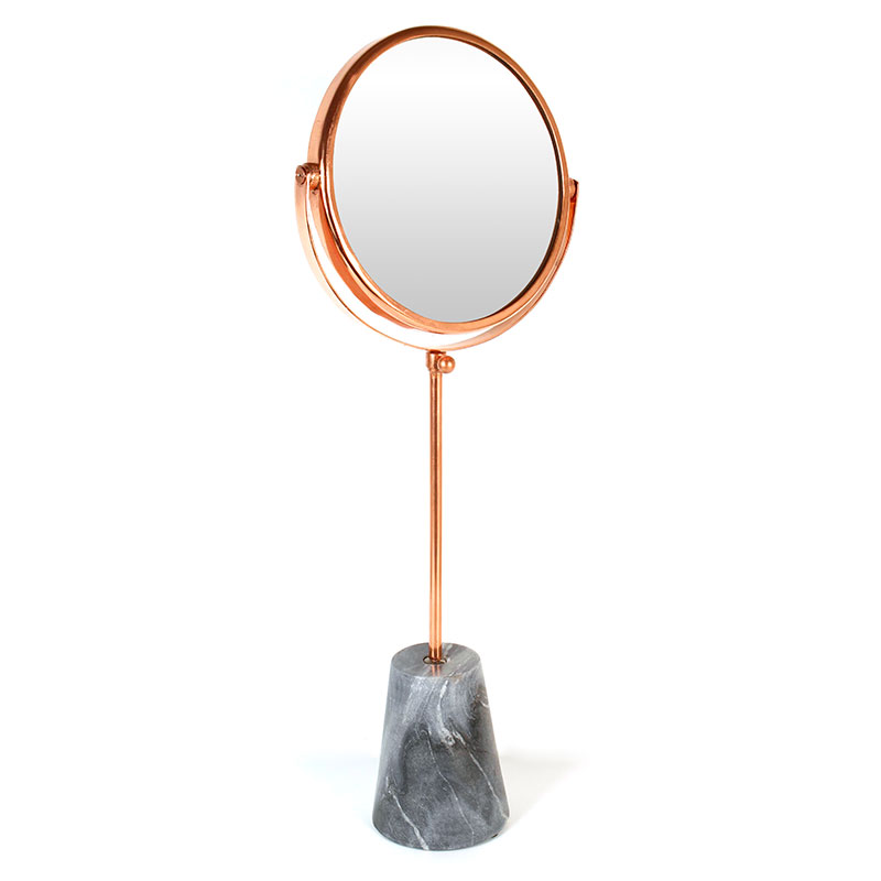 Miroir rond métal doré-rose et pied marbre gris H 57 cm