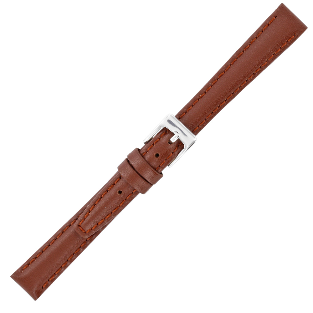 Bracelet montre cuir de bovin marron aspect satiné, doublure croûte de cuir, boucle acier