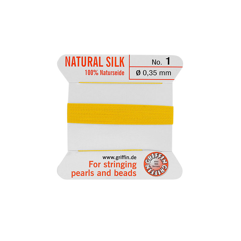 Aiguillée de soie 100% naturelle jaune avec embout métallique - Lg 2 m - Diam du fil 0,35 mm