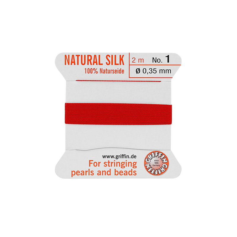Aiguillée de soie 100% naturelle rouge avec embout métallique - Lg 2 m - Diam du fil 0,35 mm