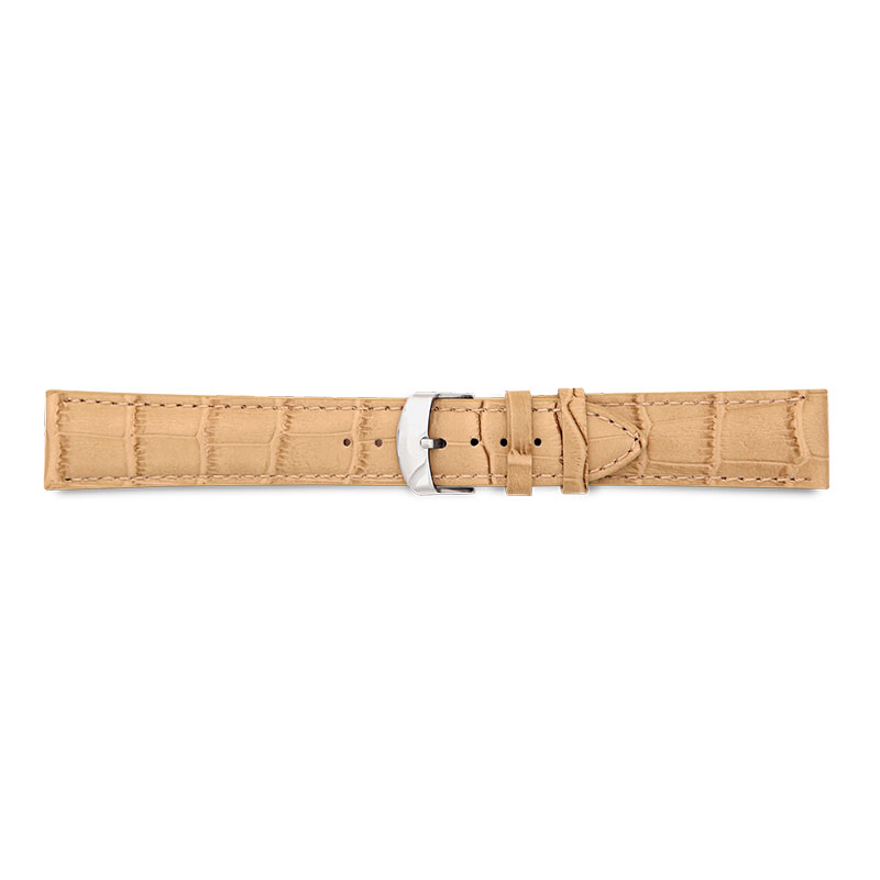 Beige full grain alligator finish, pigmented cowhide leather padded watch strap, steel buckle