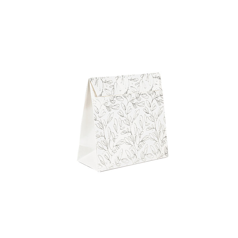 Glossy white paper pouches, silver hot foil printed botanical motifs, 10 x 6.5 x 10 cm tall, 190 g