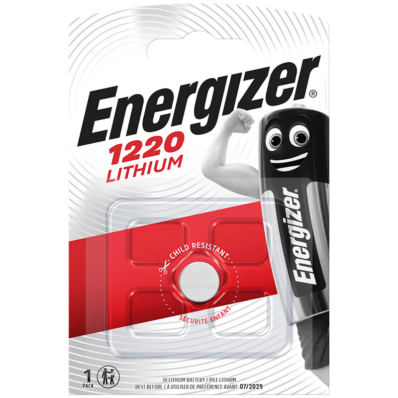 Blister packed Energizer CR1220 lithium coin cell battery