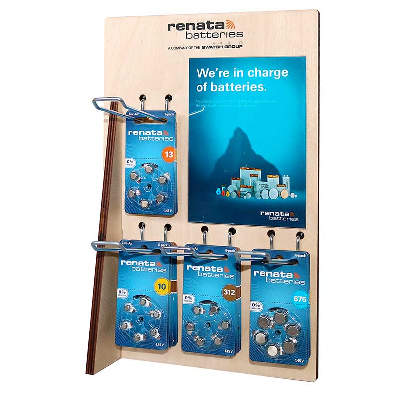 Renata hearing-aid battery display stand with 4 hooks