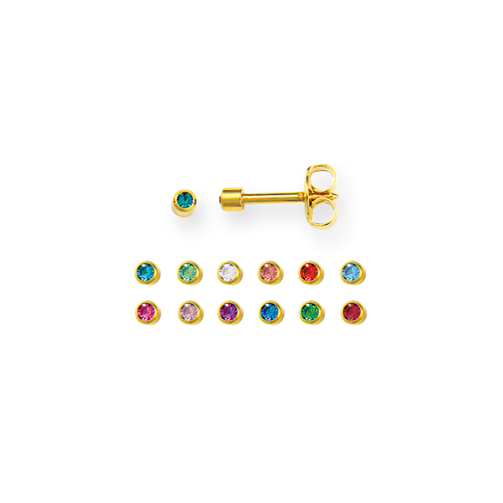 Assorted Caflon mini piercing studs in gold coloured stainless steel with bezel set crystal (x12)