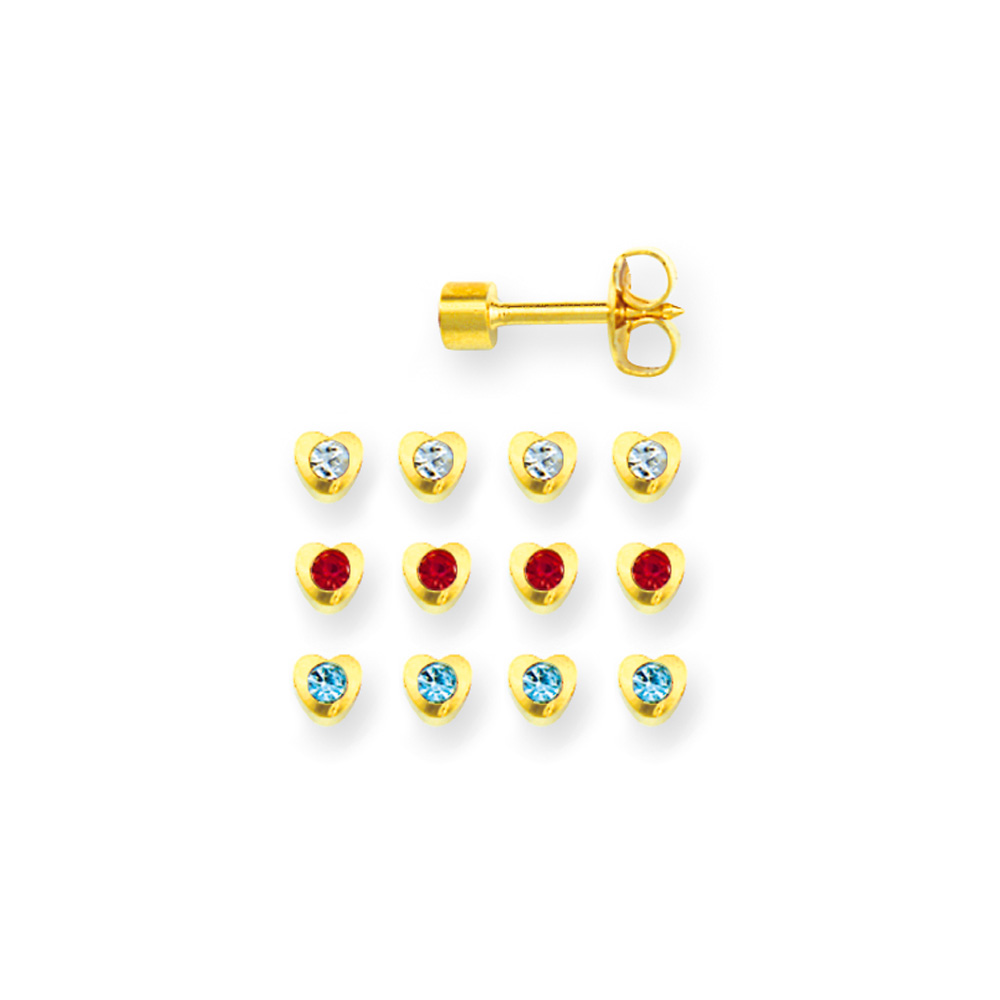 Caflon heart piercing studs in gold coloured stainless steel with bezel set coloured crystal (x12)