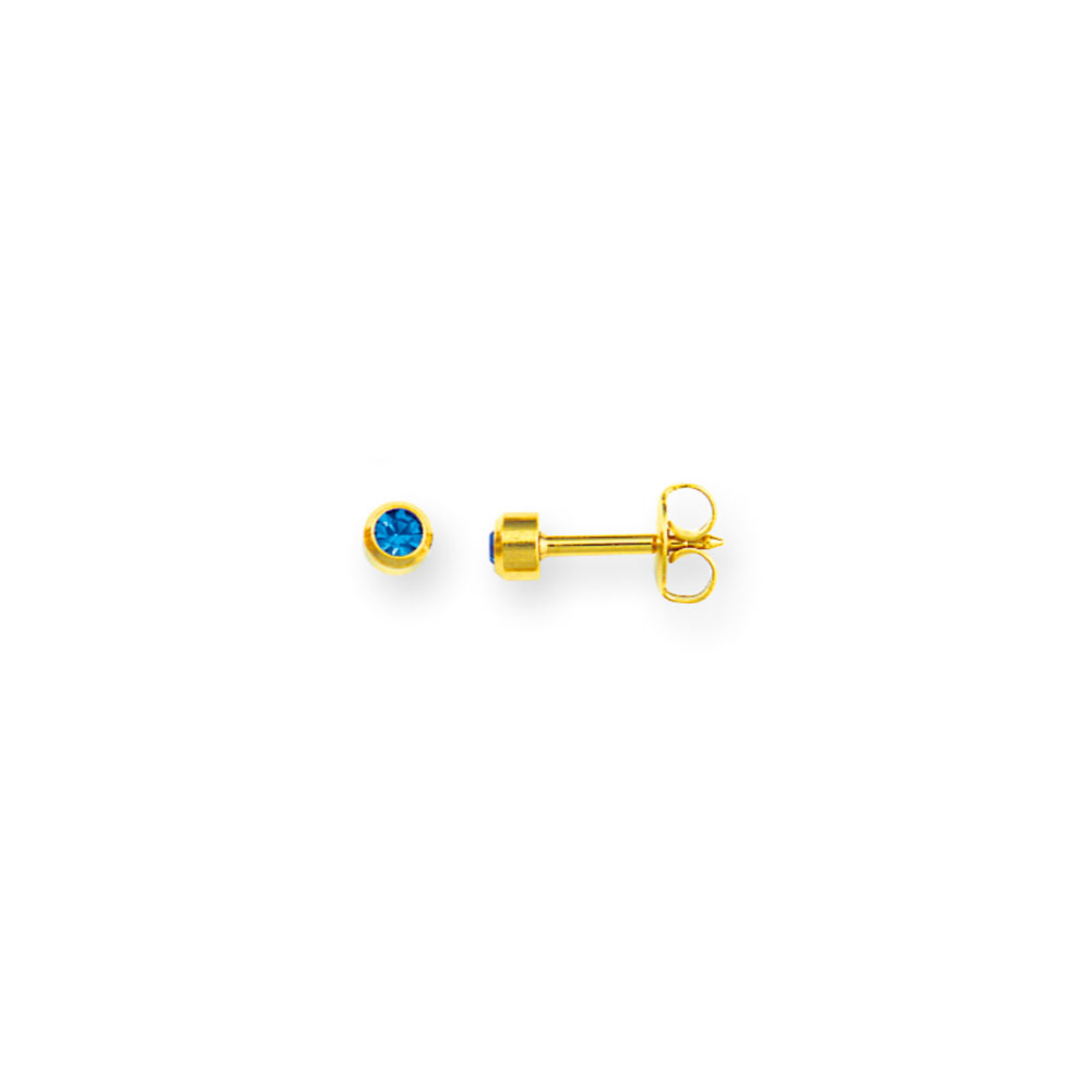 4mm blue sapphire crystal on gold-coloured stainless steel Caflon ear piercing studs