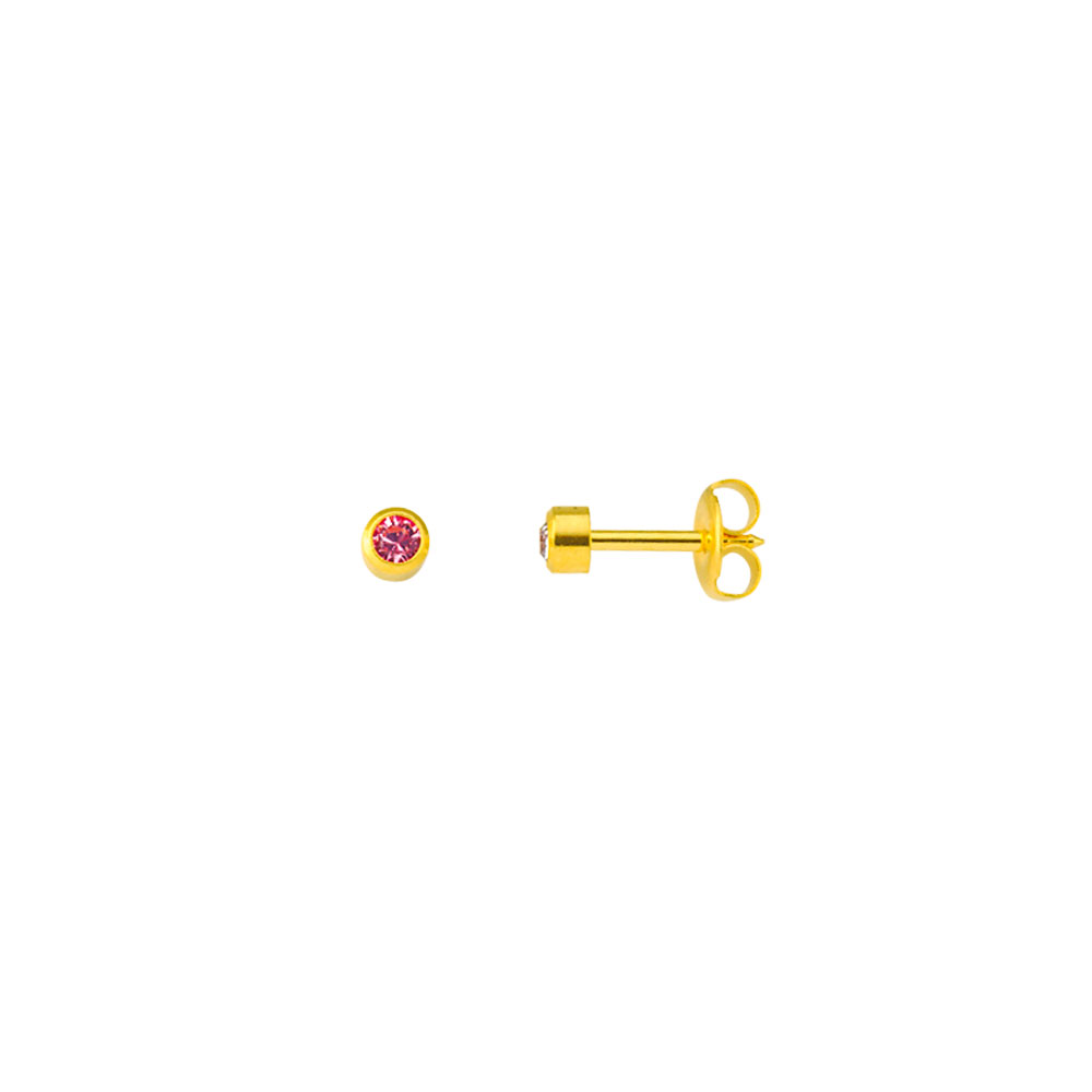 Gold-coloured stainless steel Caflon ear piercing studs set with pink crystal (x12)