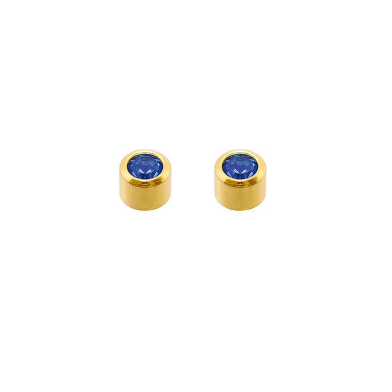 Safetec® Gold bezel set stainless steel piercing studs gilded in fine gold with coloured crystal