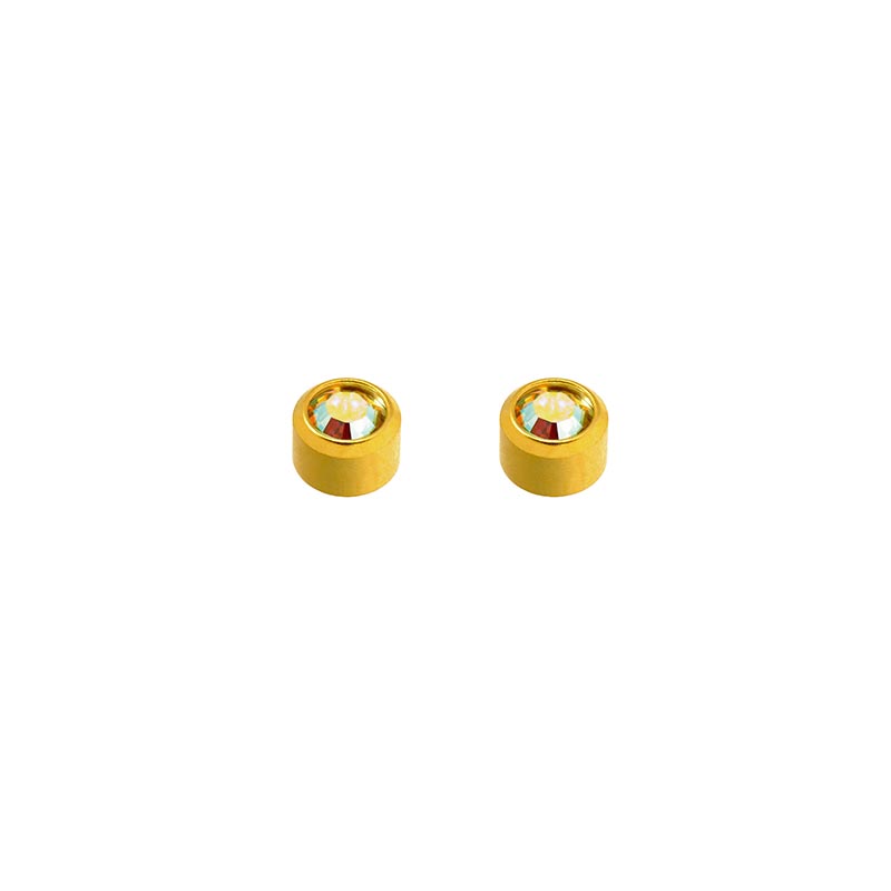 Safetec® Gold ear piercing studs in steel gilded with fine gold with bezel set rock crystal