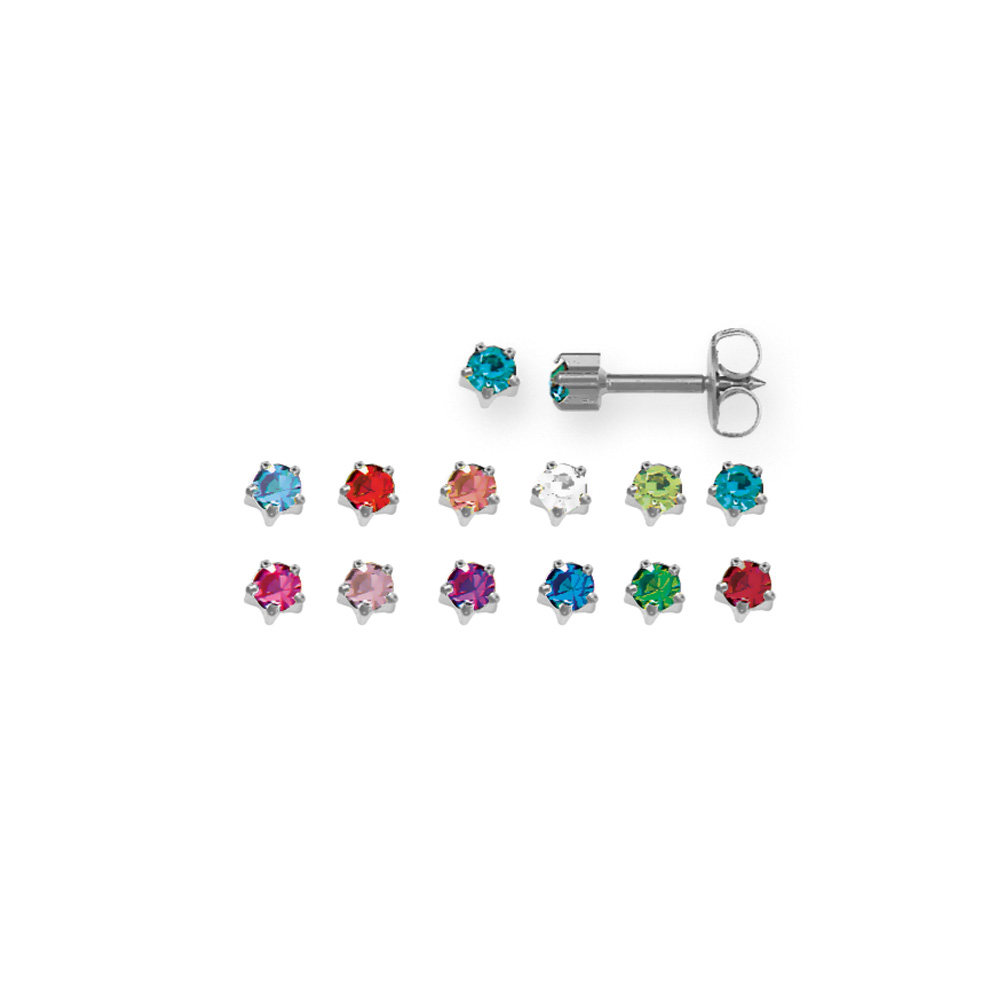 Set of 12 assorted pairs of Caflon ear piercing studs in nickel-free steel with claw-set crystals