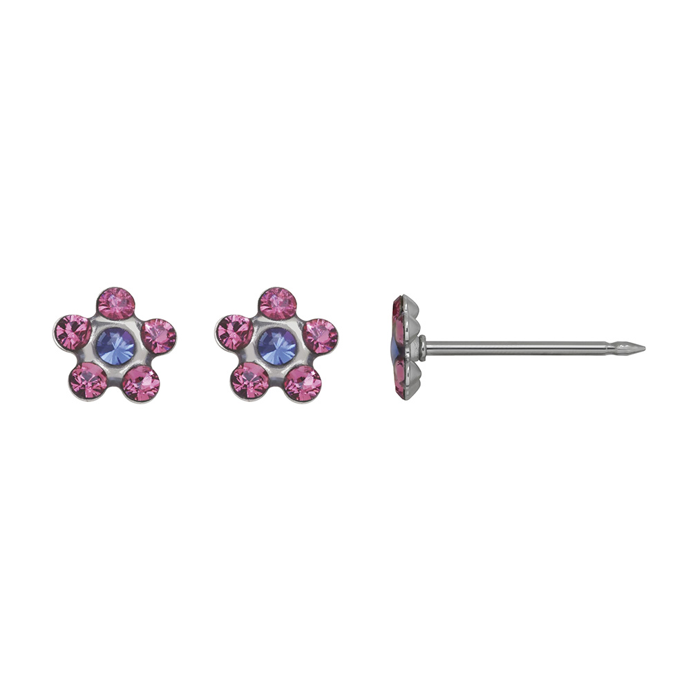Inverness stainless steel Flower ear piercing studs, pink and blue crystals