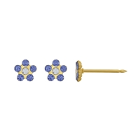 Perçage d\'oreilles Inverness Fleur acier doré or fin orné de cristaux bleu/blanc