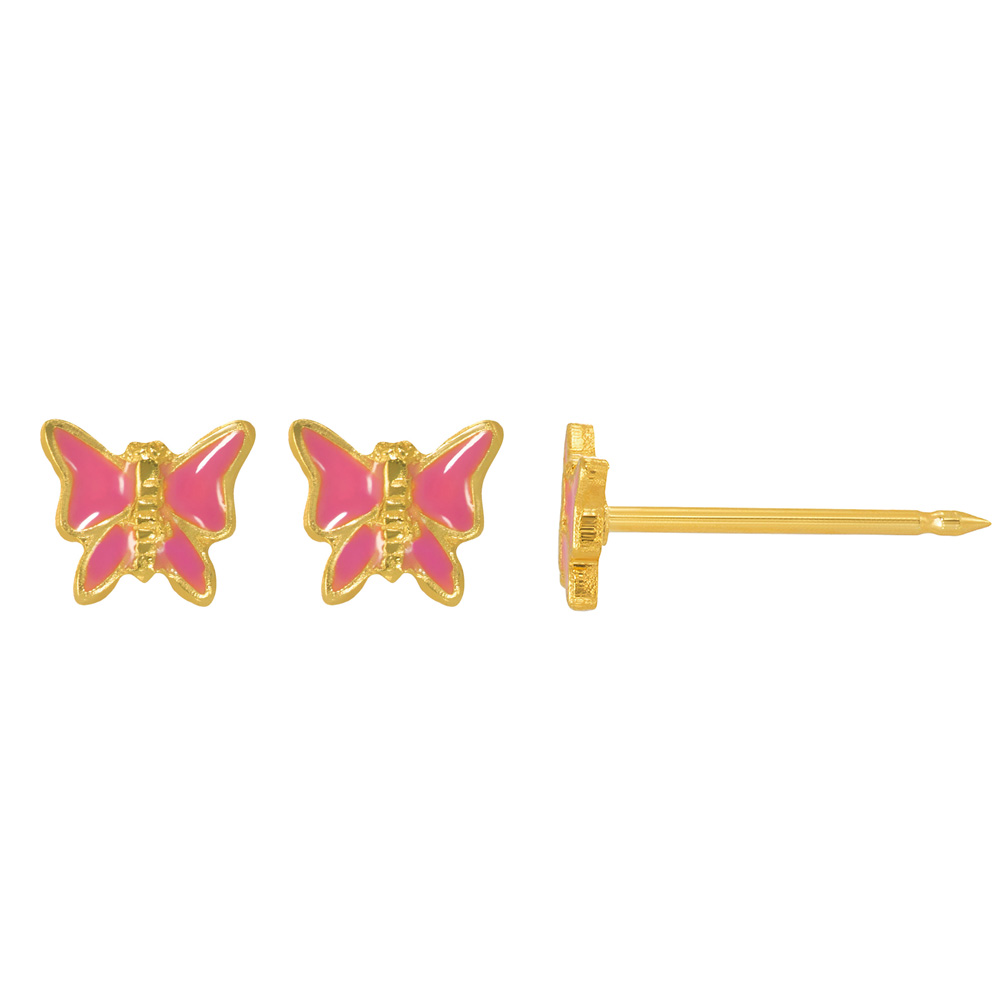 Perçage d'oreilles Inverness Fantaisie Papillon émaillé rose en acier doré à l'or fin