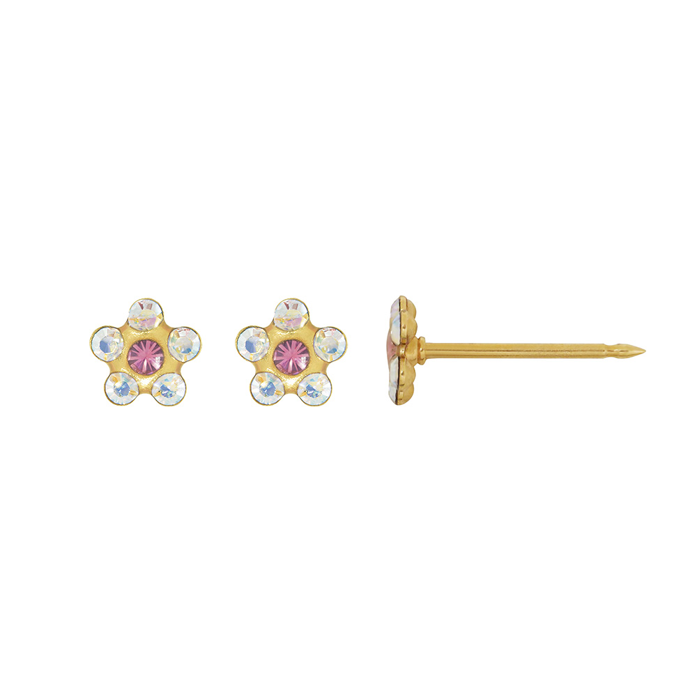 Perçage d'oreilles Inverness Fleur acier doré à l'or fin orné de cristaux blanc/rose