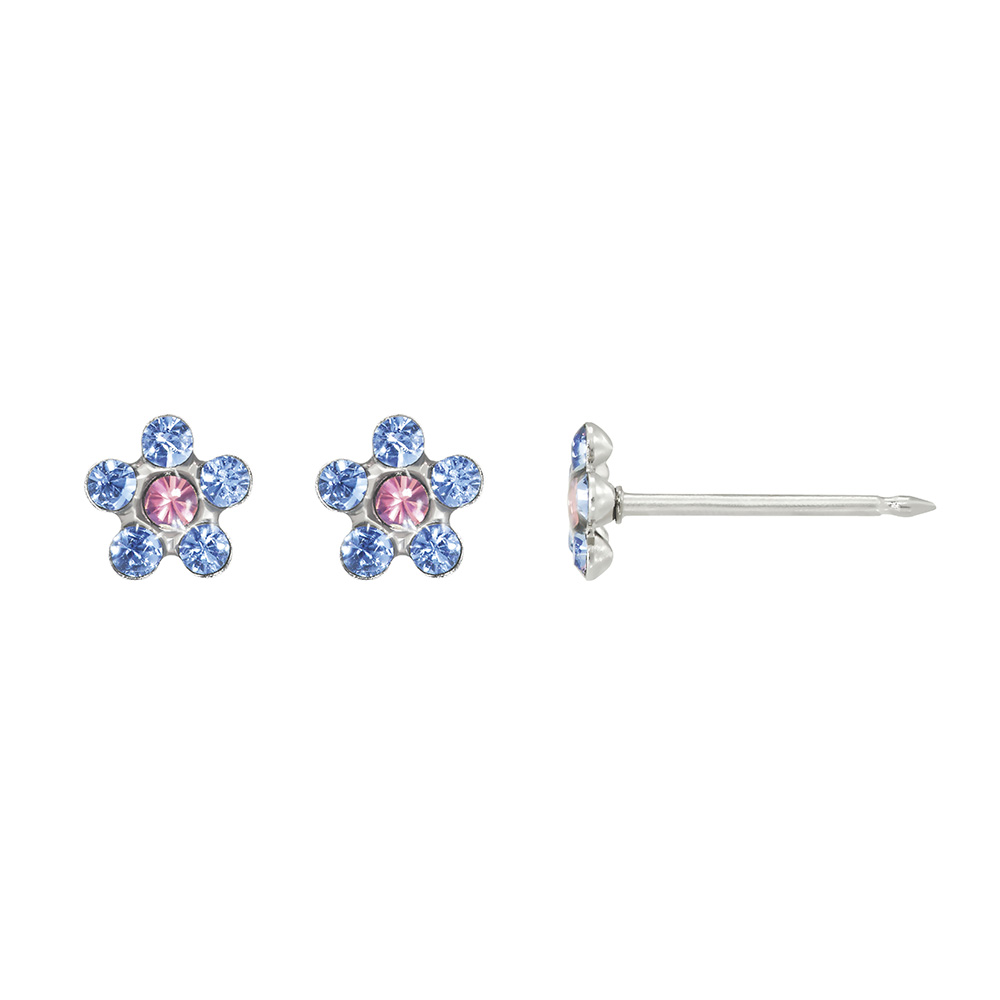 Perçage d'oreilles Inverness Fleur acier inoxydable orné de cristaux bleu saphir/rose