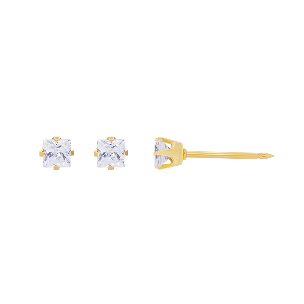 Perçage d'oreilles Inverness Or jaune 375/1000 Oxyde de zirconium carré griffé 3mm