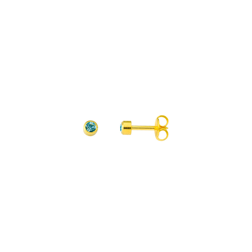 Pack of 12 Caflon ear piercing studs, gold-coloured stainless steel with aquamarine-coloured crystal