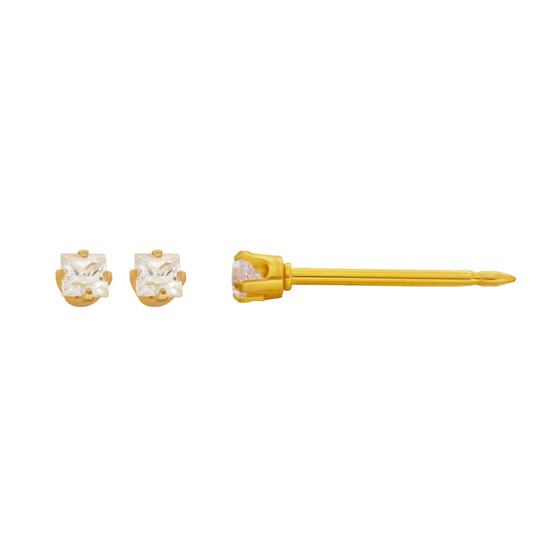 Perçage d'oreilles Inverness Or 750/1000 orné d'un oxyde de zirconium carré griffé 3 mm