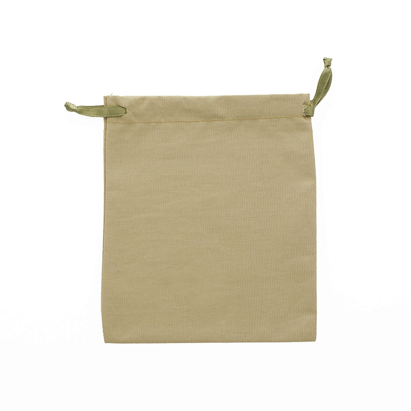 100% cotton light khaki pouches with matching satin ribbon drawstrings 12 x 14cm