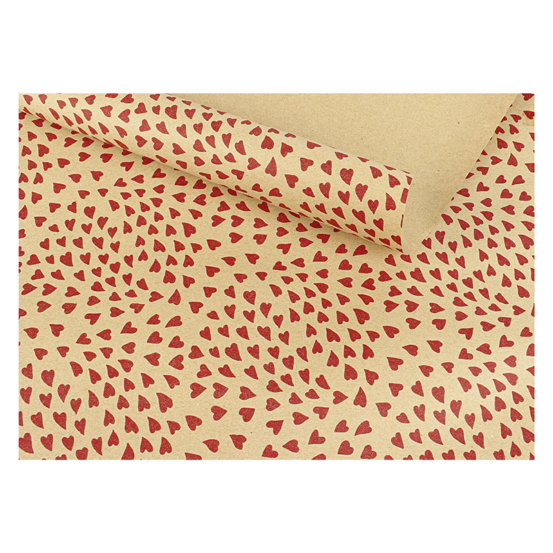 100% recycled Valentine\\\'s Day natural kraft gift wrapping paper with red heart motifs, 0.70 x 25 m