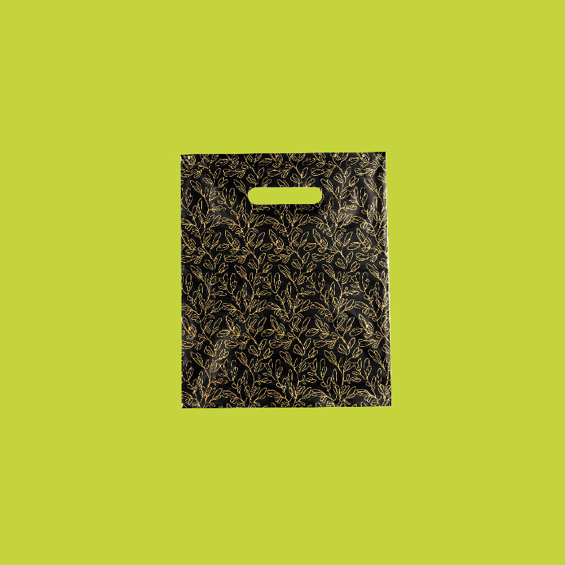 Black biodegradable bags with gold leaf motif, 25 x H 30cm, 50 microns