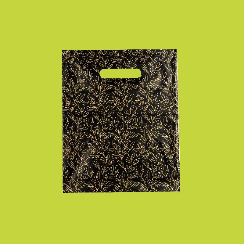 Black biodegradable bags with gold leaf motif, 30 x H 40cm, 50 microns