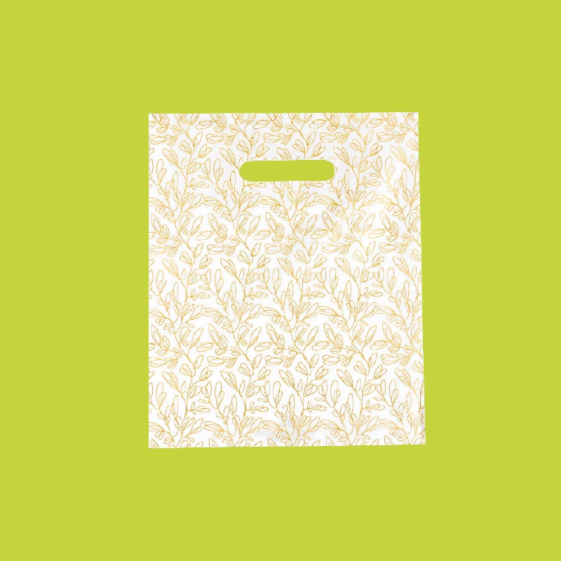 White biodegradable bags with gold leaf motif, 25 x H 30cm, 50 microns