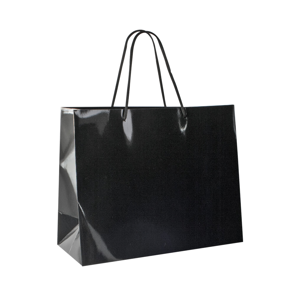 Black gloss paper boutique bags, 32.7 x 13.6 x 26.4 cm H, 190 g